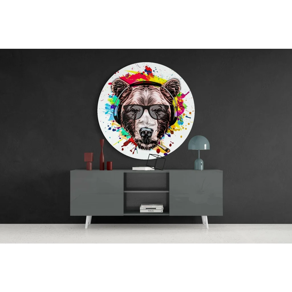 Cool Bear Tempered Glass Art with Vibrant Paint Splash | Contemporary Home Wall Art | vintageantiquesgifts.com