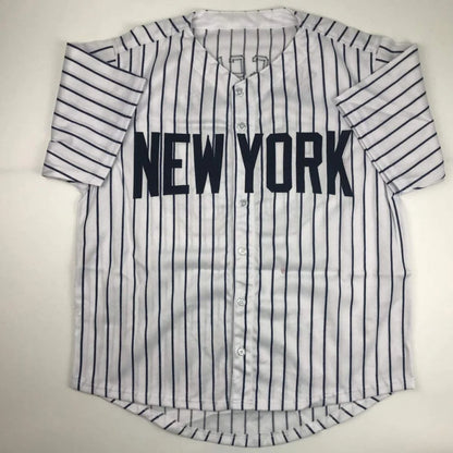 White and navy blue striped custom jersey with NEW YORK print, perfect for Yankees fans