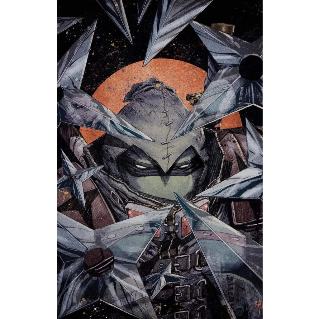 Masked figure in hooded cloak with stitching and sharp reflective objects from Mutant Ninja Turtles Last Ronin comic