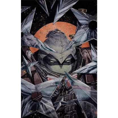 Masked figure in hooded cloak with stitching and sharp reflective objects from Mutant Ninja Turtles Last Ronin comic