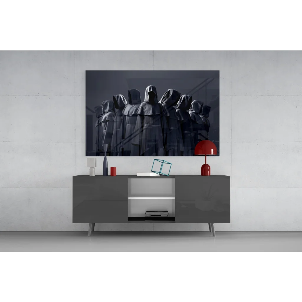Mysterious black hooded cloak wall art print on modern gray TV stand