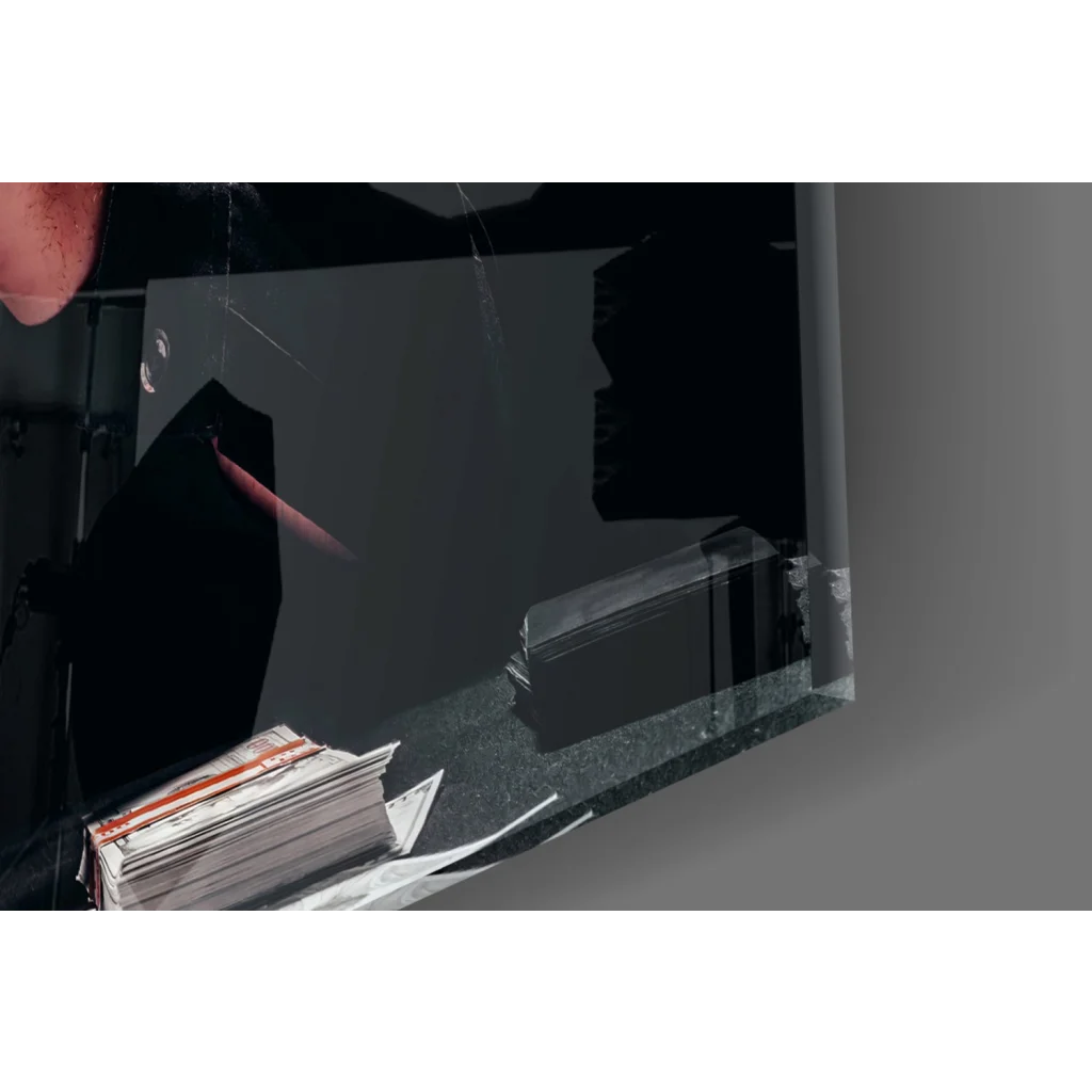 Cracked black mirror wall art with distorted reflections in Poker Night Fedora Man print