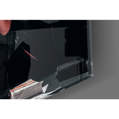 Cracked black mirror wall art with distorted reflections in Poker Night Fedora Man print