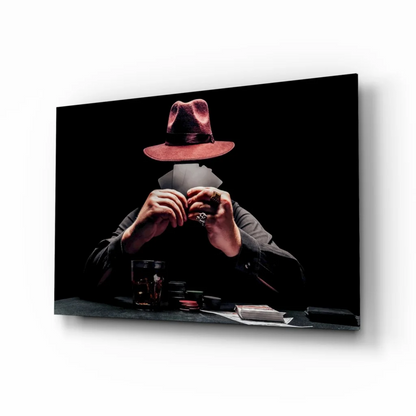 Noir poker scene wall art: burgundy fedora on obscured figure
