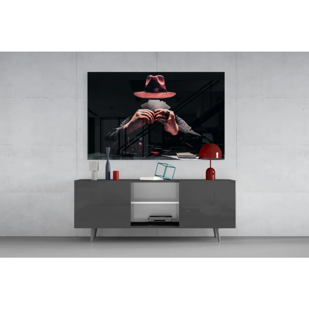 Poker Night Fedora Man glass wall art with sleek gray media console