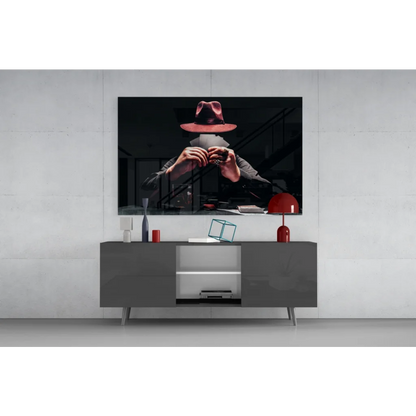 Poker Night Fedora Man glass wall art with sleek gray media console