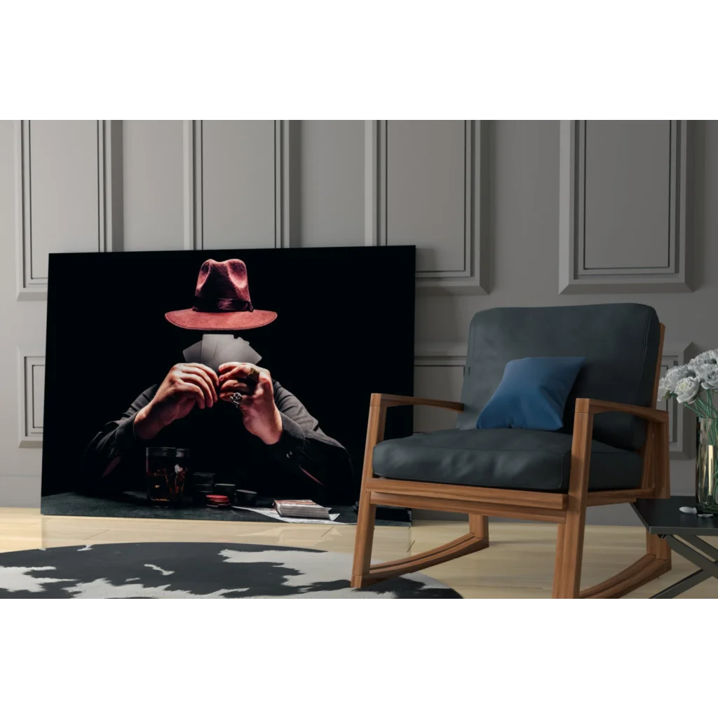 Striking black-and-white poker man in red fedora canvas wall art print