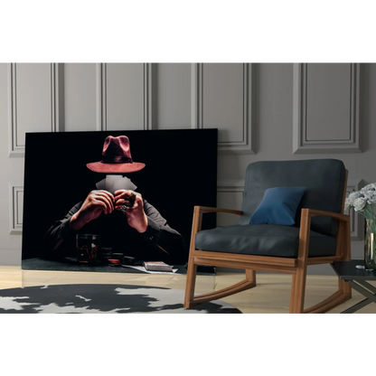 Striking black-and-white poker man in red fedora canvas wall art print