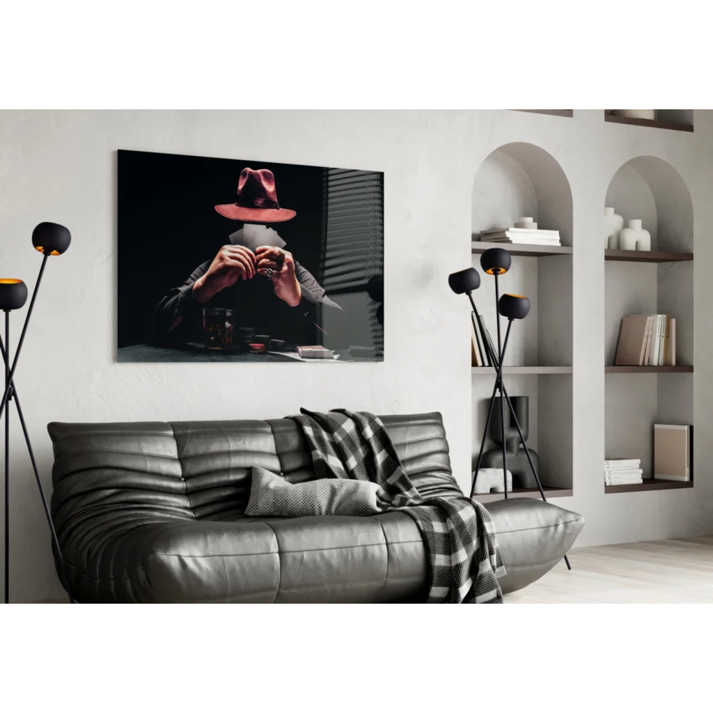 Man in pink fedora with camera black frame canvas wall art print