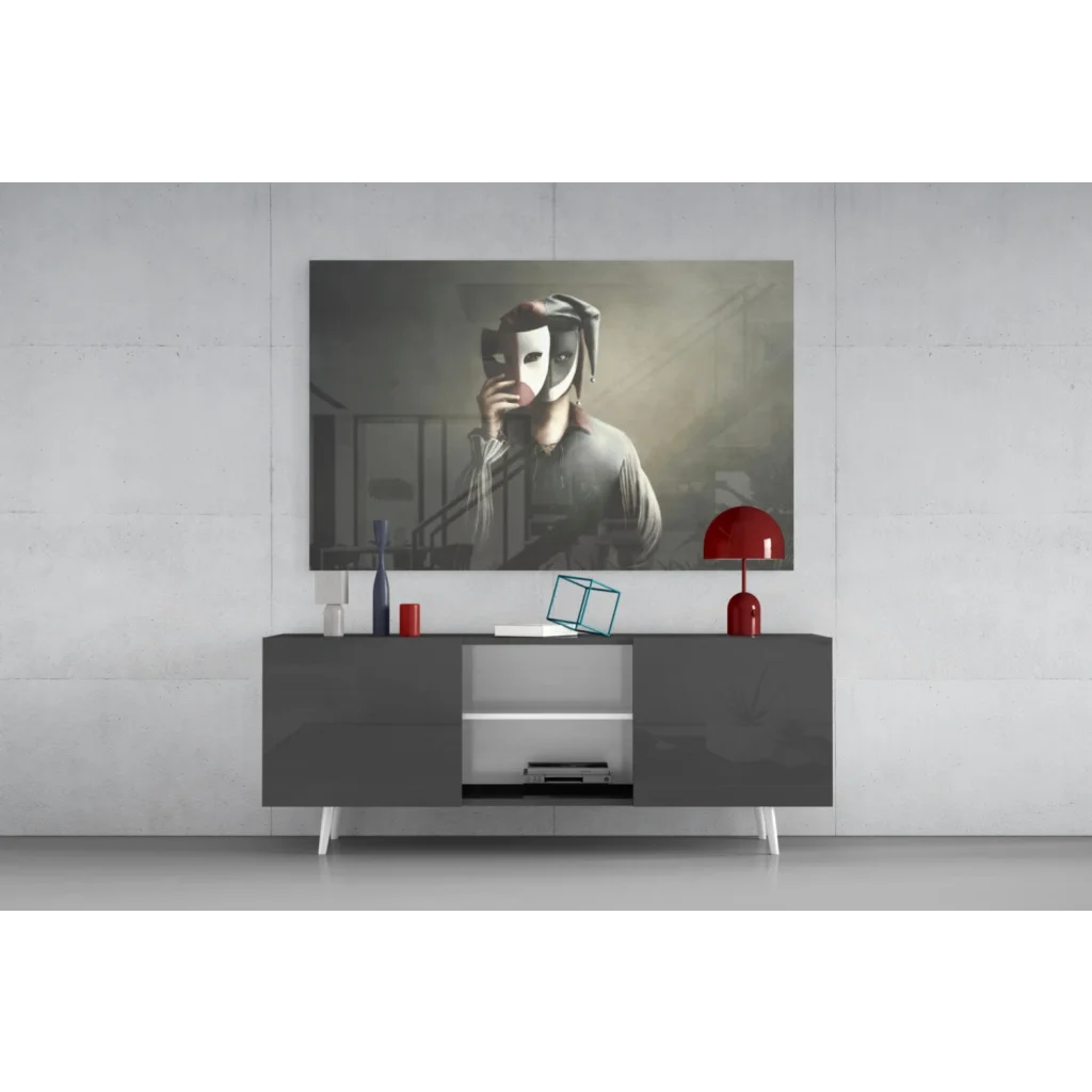 Striking black-and-white Mysterious Masquerade wall art print above gray console