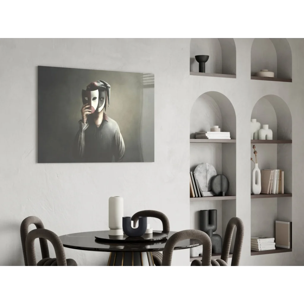 Black-and-white masked figure wall art print on canvas