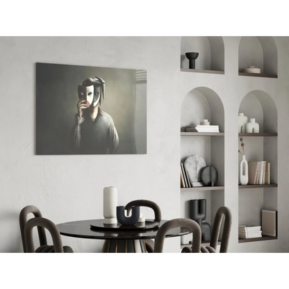 Black-and-white masked figure wall art print on canvas