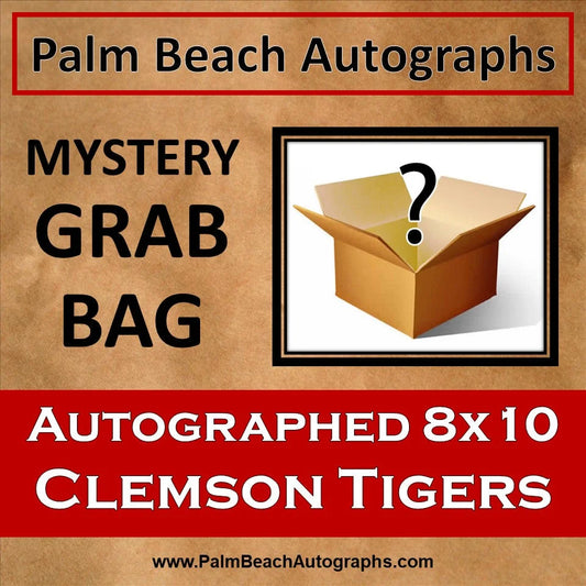 A brown cardboard mystery grab bag box with a question mark for clemson tigers autographed football 8x10 photo
