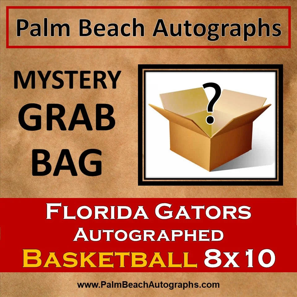 Mystery grab bag with tan box, question mark, and Florida Gators autographed 8x10 photo