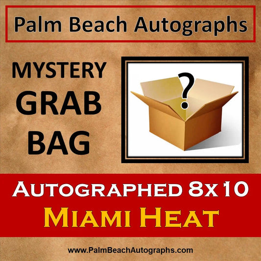Mystery grab bag with tan box, question mark, and Miami Heat autographed 8x10 photo