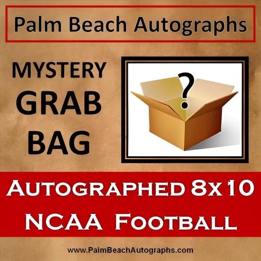 Brown cardboard box with question mark for NCAA football autographed 8x10 photo mystery grab bag