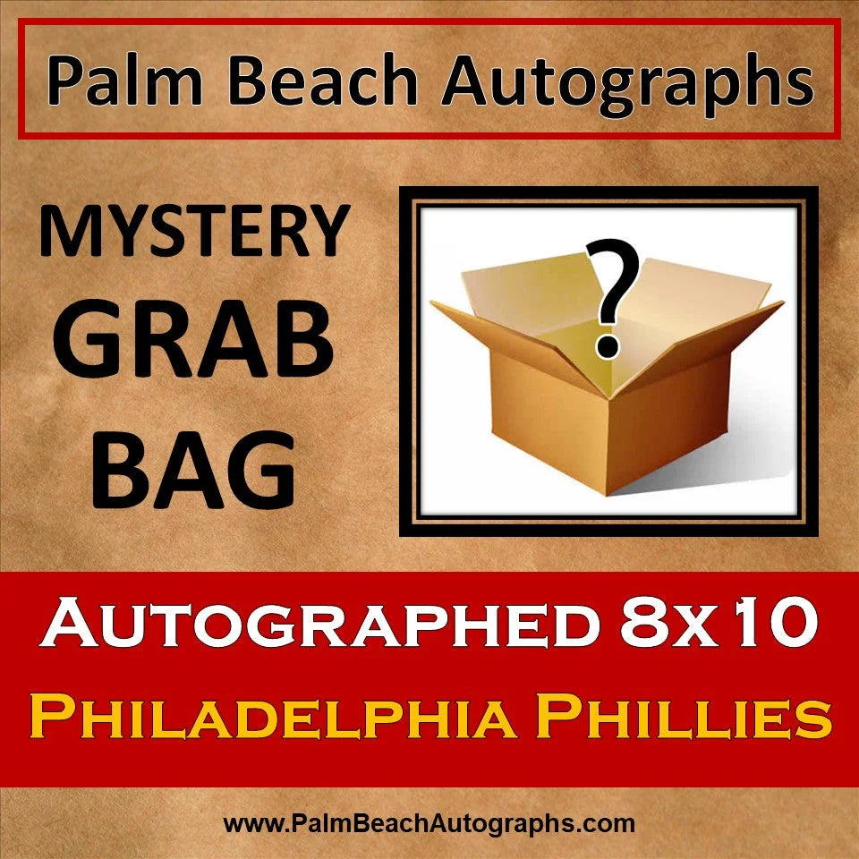 Mystery grab bag with Phillies autographed 8x10 photo in boxed question mark