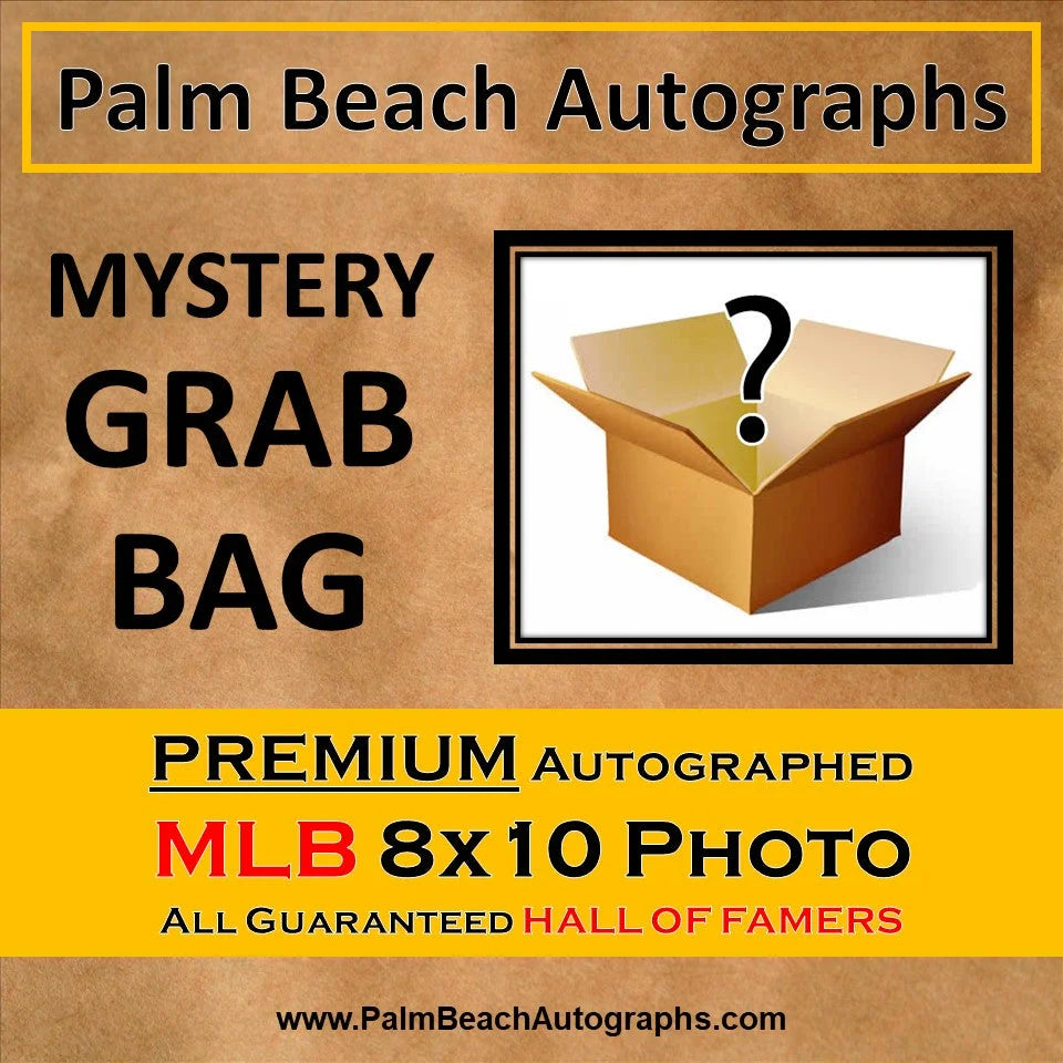 Mystery grab bag brown box with question mark and autographed 8x10 MLB photo