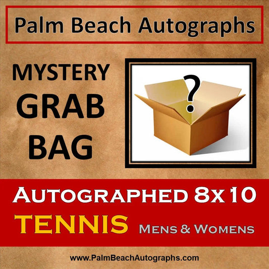 Mystery grab bag with autographed 8x10 tennis photo in brown box