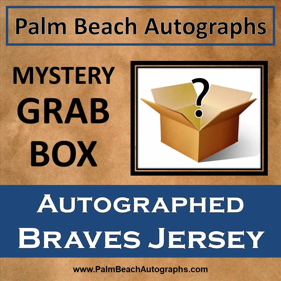 Mystery grab box with Atlanta Braves autographed jersey, question mark on textured background