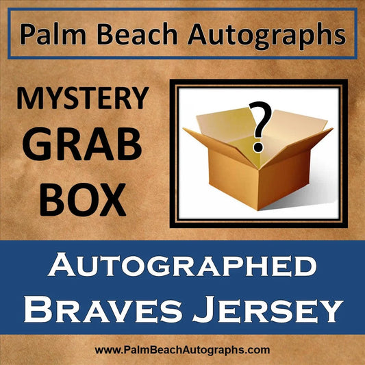 Mystery grab box with Atlanta Braves autographed jersey, question mark on textured background