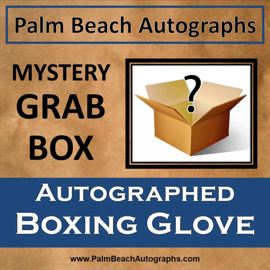 Mystery grab box with tan cardboard, question mark and autographed boxing glove