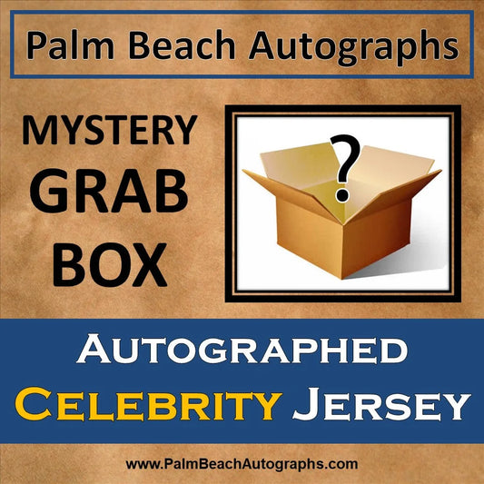 Mystery grab box with question mark on brown cardboard, autographed jersey