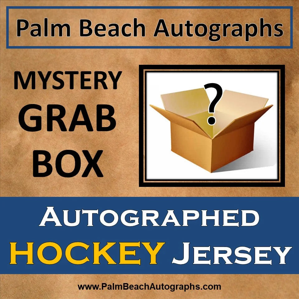 Mystery grab box with tan cardboard, question mark, autographed hockey jersey