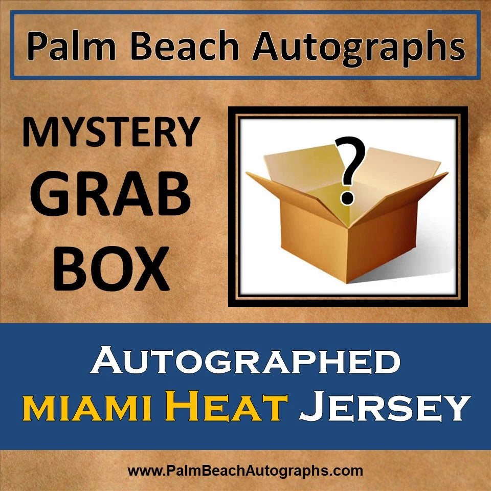 Mystery grab box with tan cardboard, question mark, autographed Miami Heat jersey
