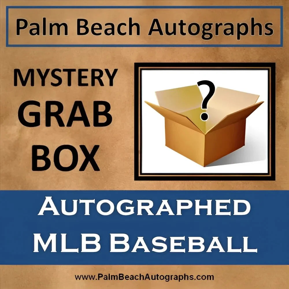 Brown cardboard mystery grab box with question mark lid and autographed MLB baseballs