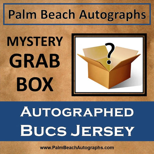 Mystery grab bag of autographed Tampa Bay Buccaneers football jersey in tan box with question mark
