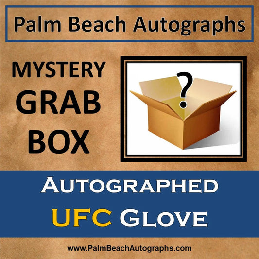 Mystery grab box with autographed UFC glove, tan cardboard and question mark