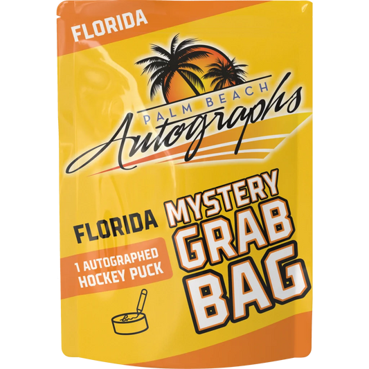 Vibrant yellow orange Florida mystery grab bag with palm tree design and autographed hockey puck