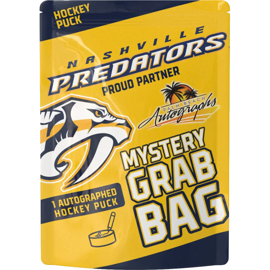 Nashville Predators autographed hockey puck mystery grab bag in yellow and navy blue