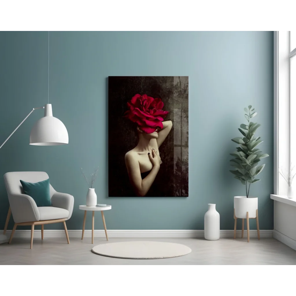 Mystery Rose canvas wall art print with woman and red rose hiding face