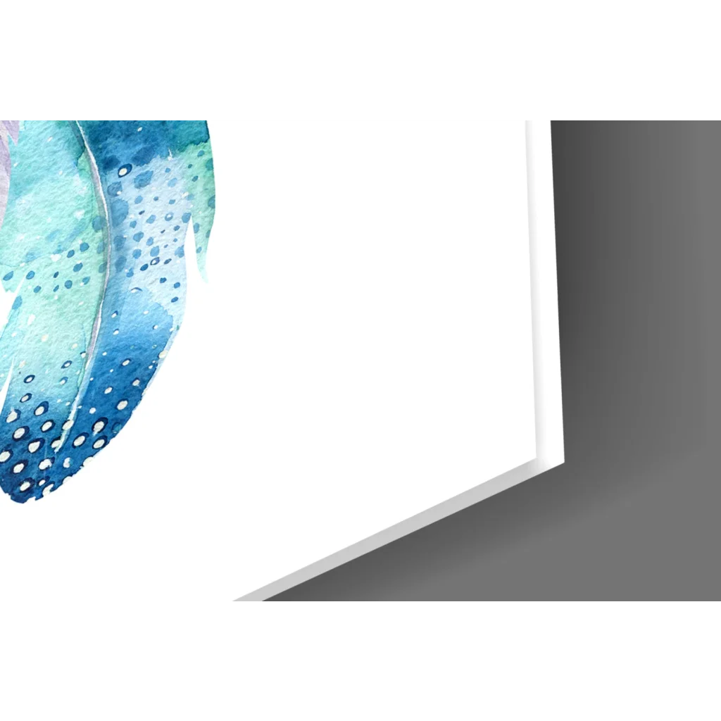 Vibrant blue teal feather watercolor wall art with white dots