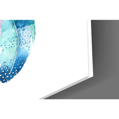 Vibrant blue teal feather watercolor wall art with white dots