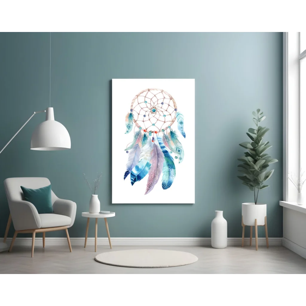 Mystic Dreamcatcher watercolor wall art with blue teal pink feathers