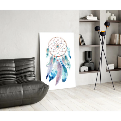 Vibrant mystic dreamcatcher watercolor wall art with teal pink feathers and turquoise gem