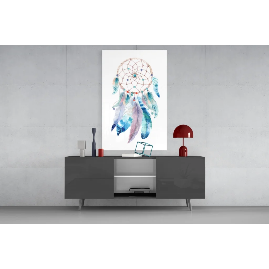 Mystic Dreamcatcher watercolor wall art with turquoise feathers