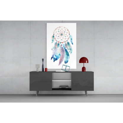 Mystic Dreamcatcher watercolor wall art with turquoise feathers