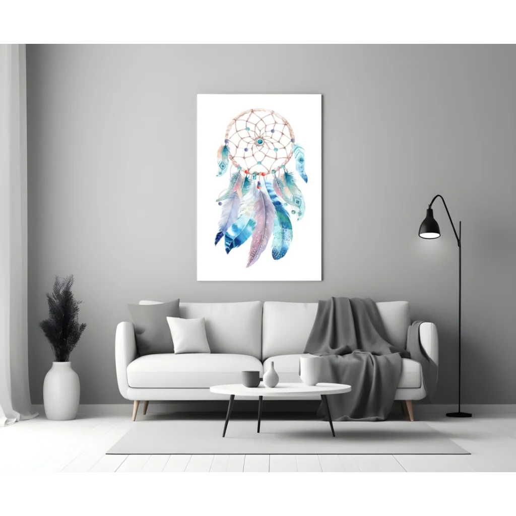 Mystic Dreamcatcher watercolor wall art with vibrant blue purple teal feathers