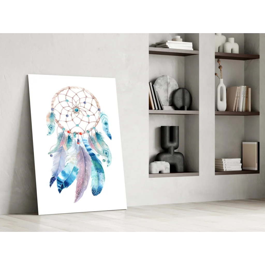 Mystic Dreamcatcher watercolor wall art with turquoise pink feathers and colorful beads