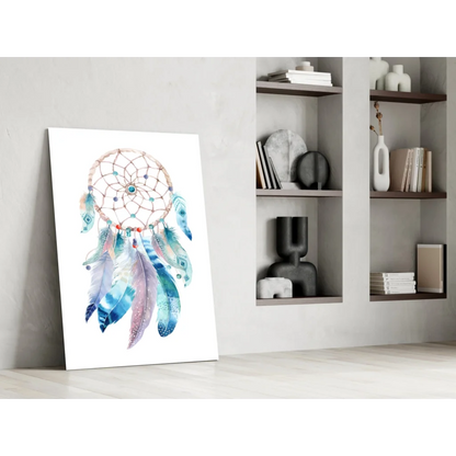 Mystic Dreamcatcher watercolor wall art with turquoise pink feathers and colorful beads