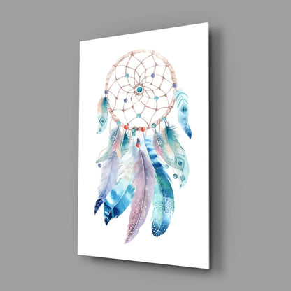 Mystic Dreamcatcher watercolor wall art with turquoise beads and vibrant blue feathers
