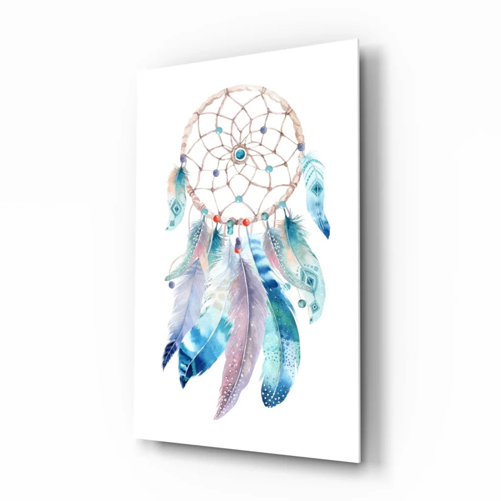 Mystic watercolor dreamcatcher wall art with blue purple feathers