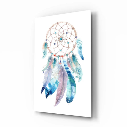 Mystic watercolor dreamcatcher wall art with blue purple feathers
