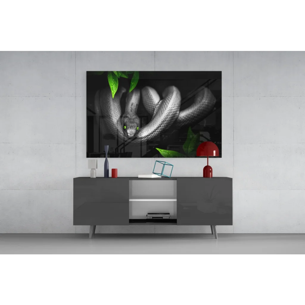 Sleek 4K UHD TV displaying Mystical Black Snake glass wall art with emerald eyes