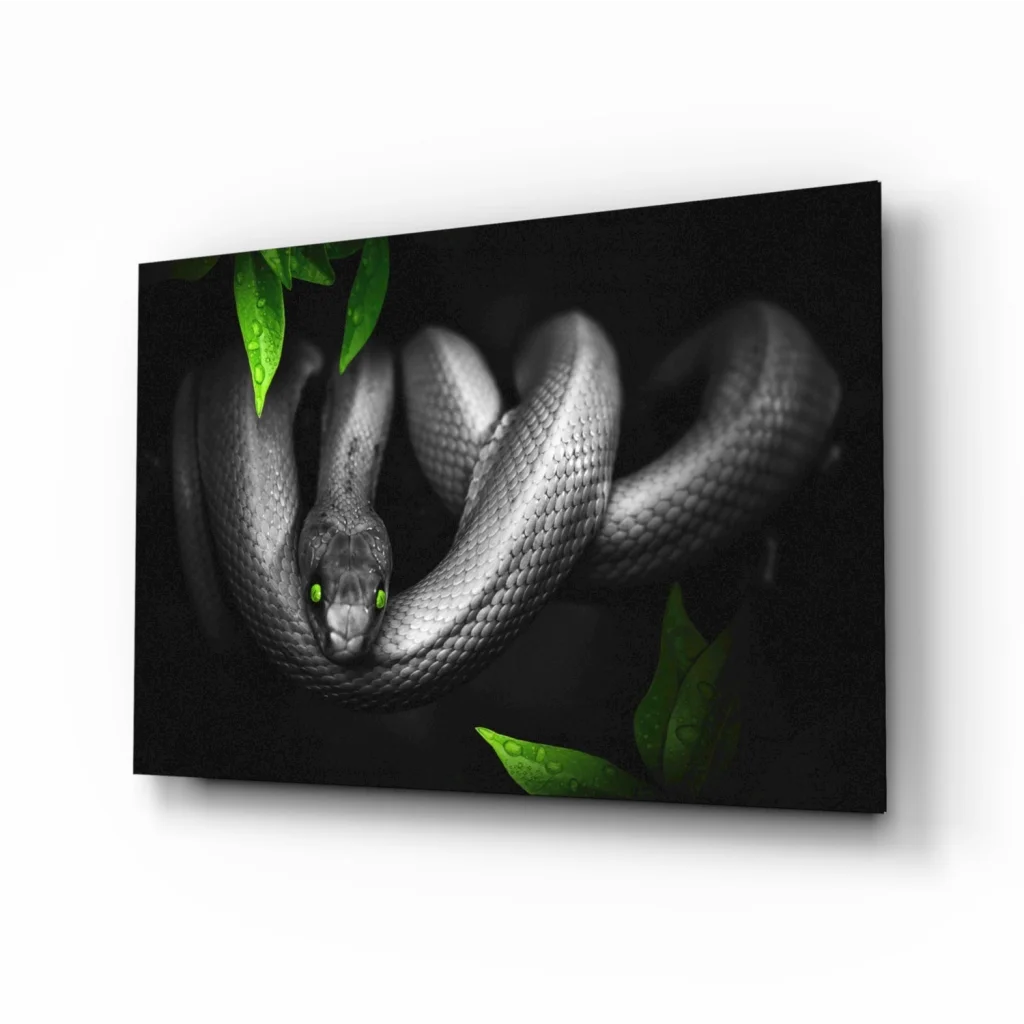 Mystical black snake glass wall art with emerald eyes