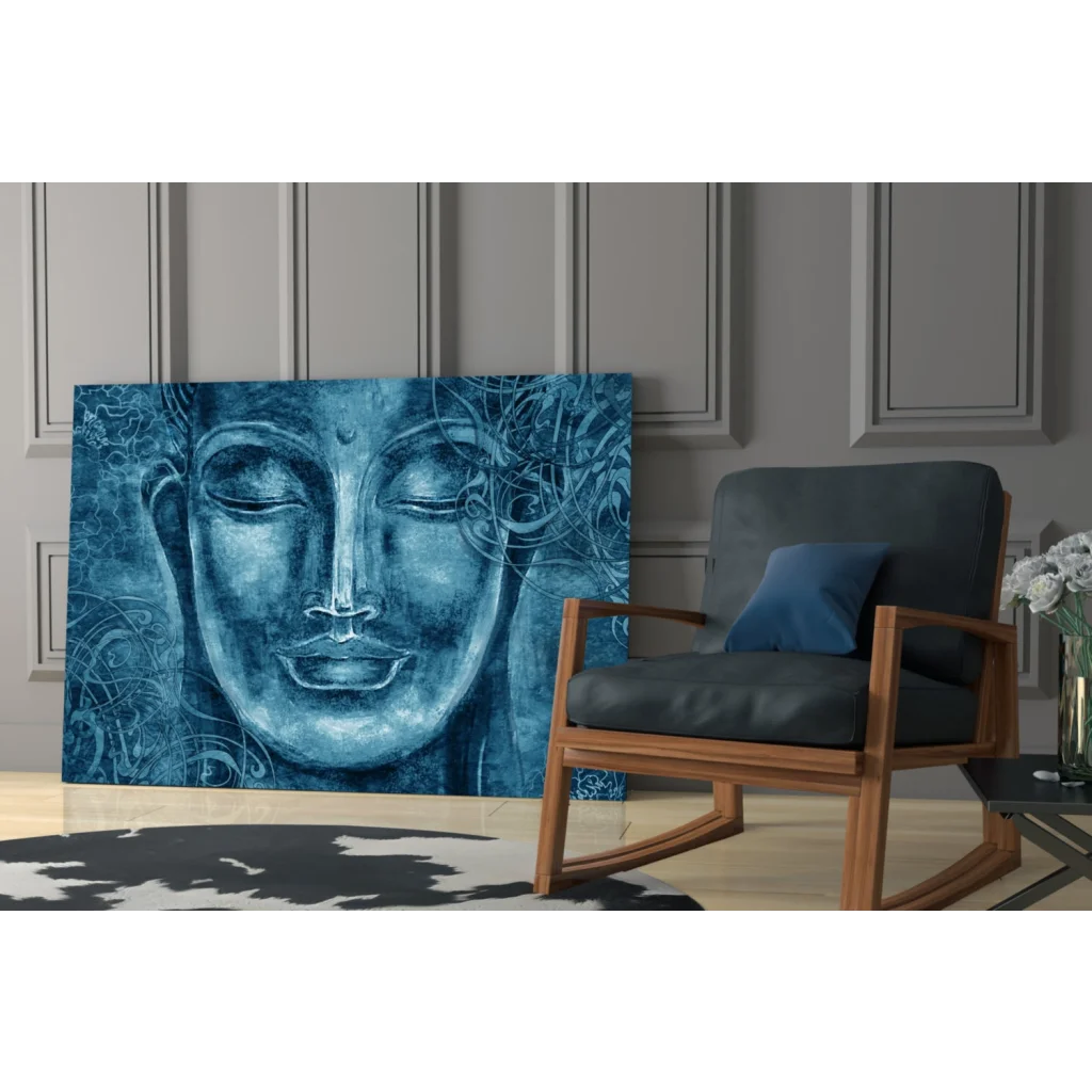 Serene blue Buddha face wall art canvas with swirling patterns